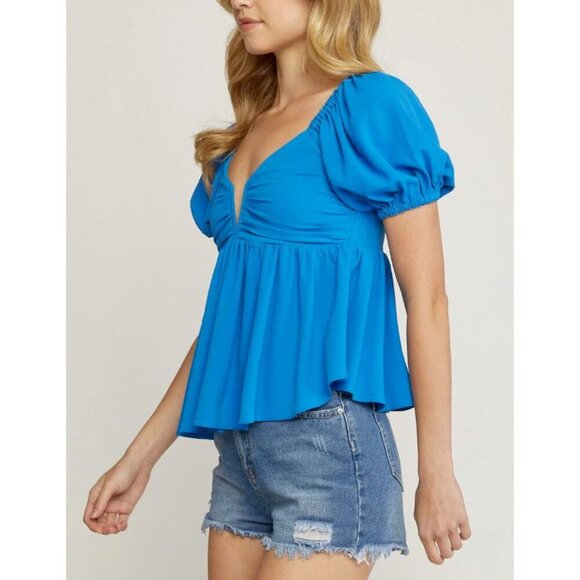 Vici Women Blue Peplum Blouse Small Short Sleeves Lined Plunge V-Neck Smog Back - Picture 4 of 8